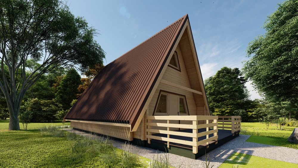 Drewniany domek na trawie.