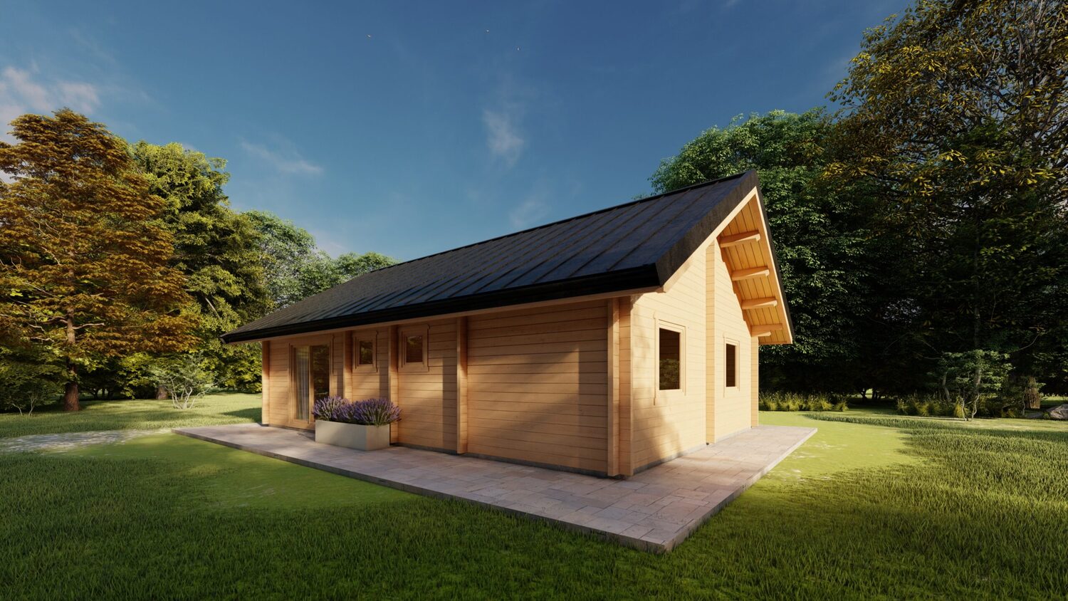 Drewniany dom wśród zieleni.