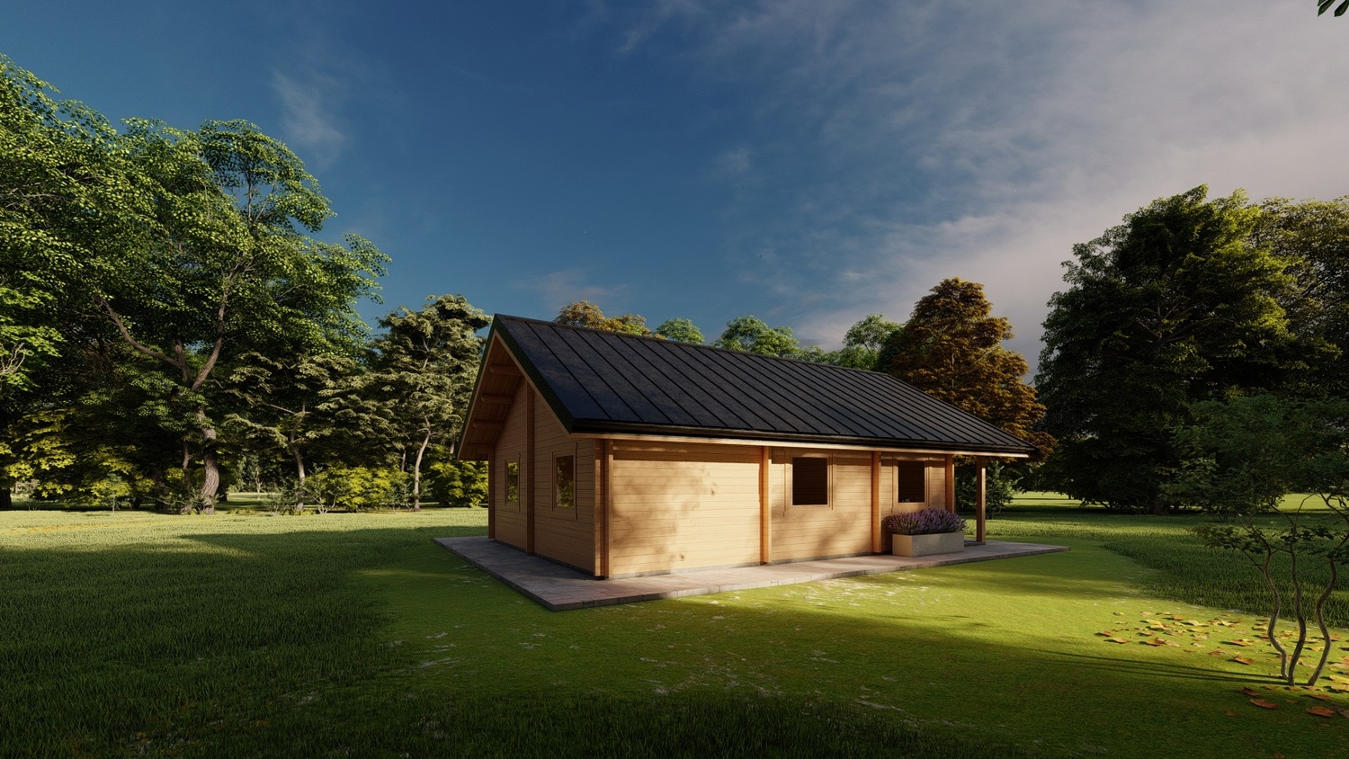 Domek w lesie z dachem z blachy.