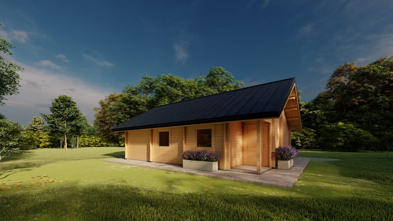 Drewniany dom z czarnym dachem.