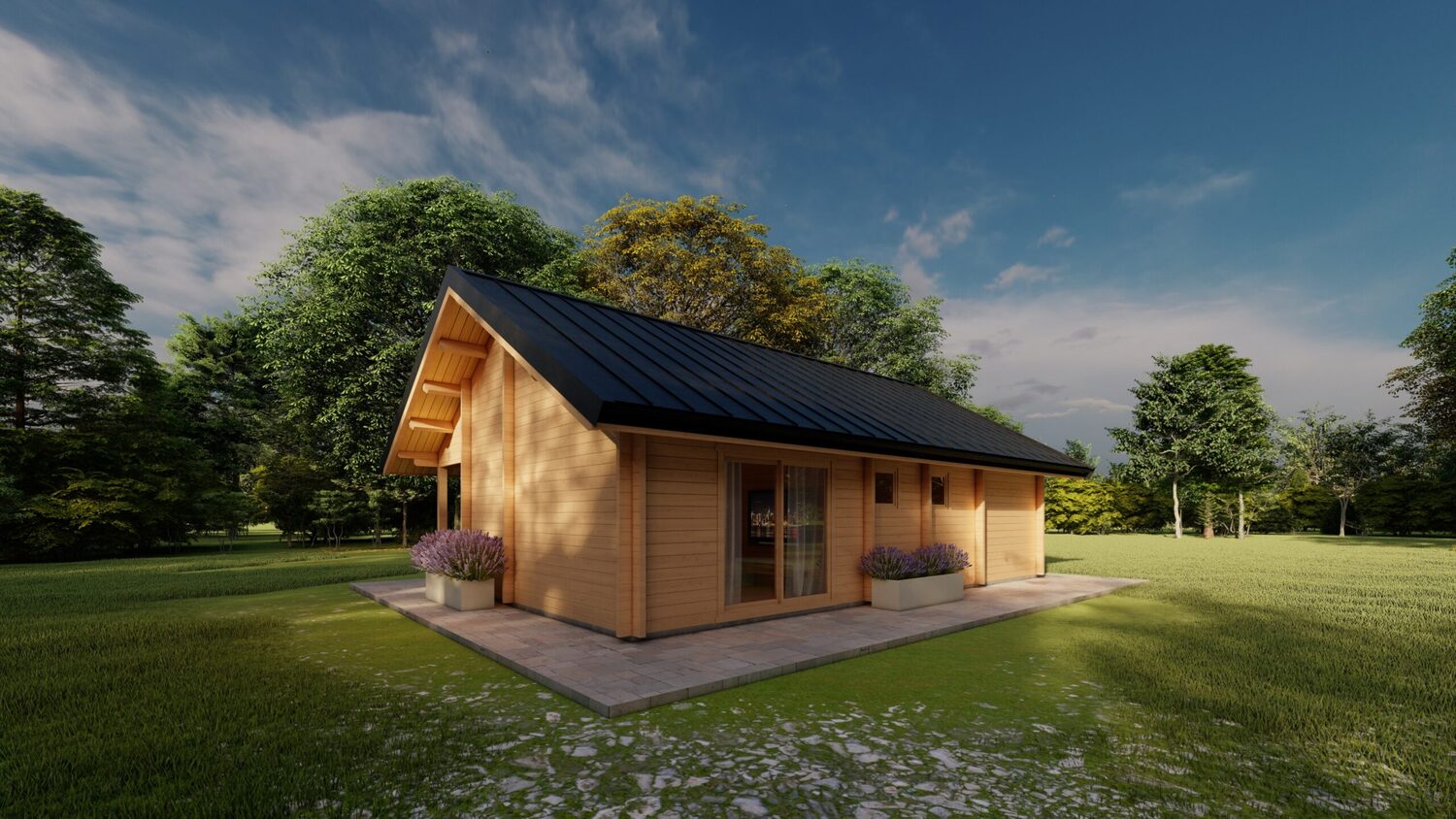 Drewniane domki na zielonej łące.