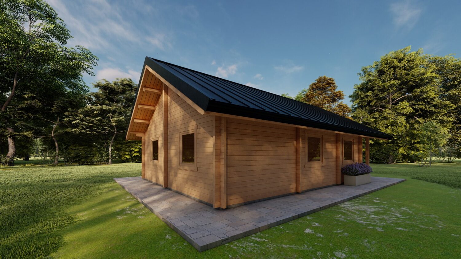 Drewniany dom z ciemnym dachem, otoczony zielenią.