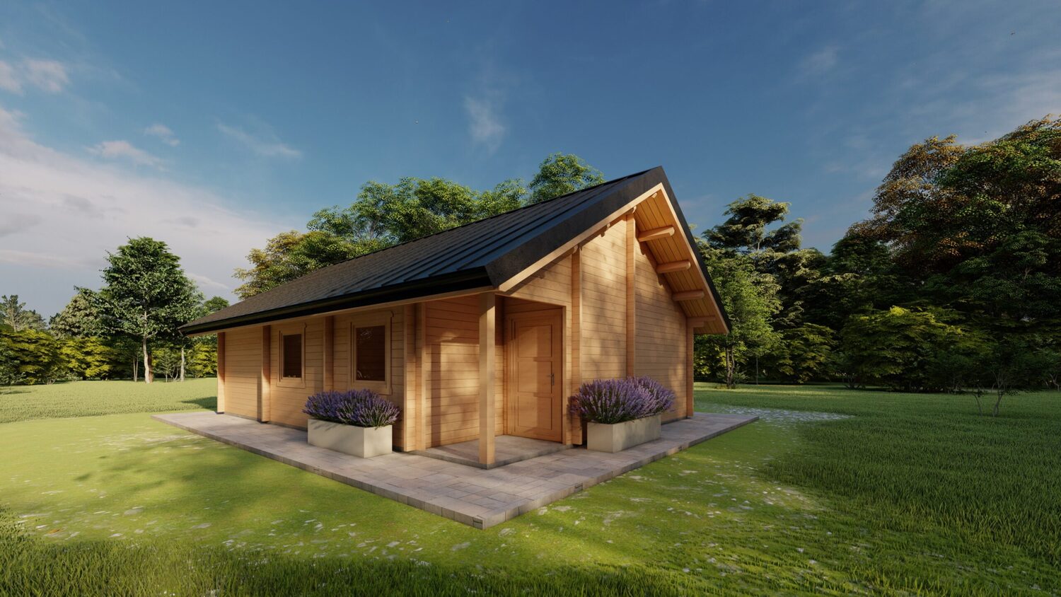 Drewniany dom w otoczeniu roślinności.