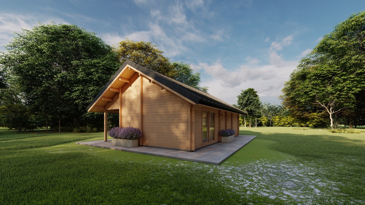 Drewniany dom w zielonym ogrodzie.