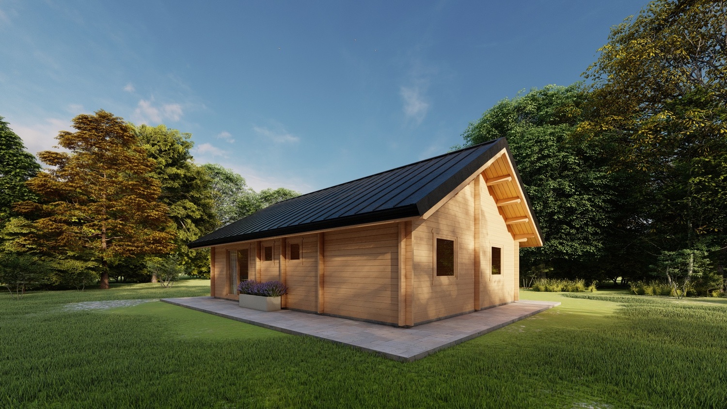 Drewniany dom w lesie.