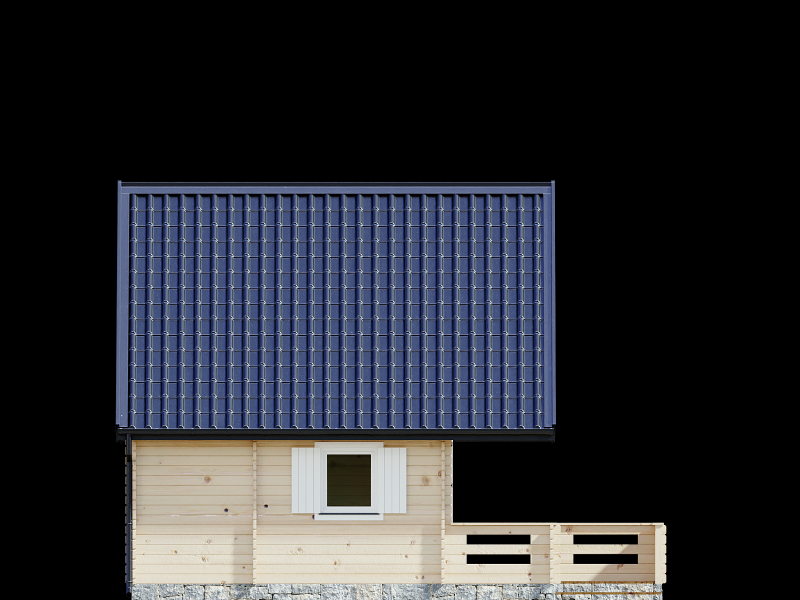 Drewniany dom z niebieskim dachem solarnym.