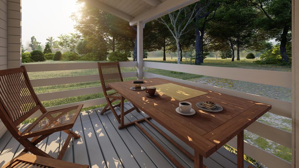 Drewniany stół i krzesła na werandzie.