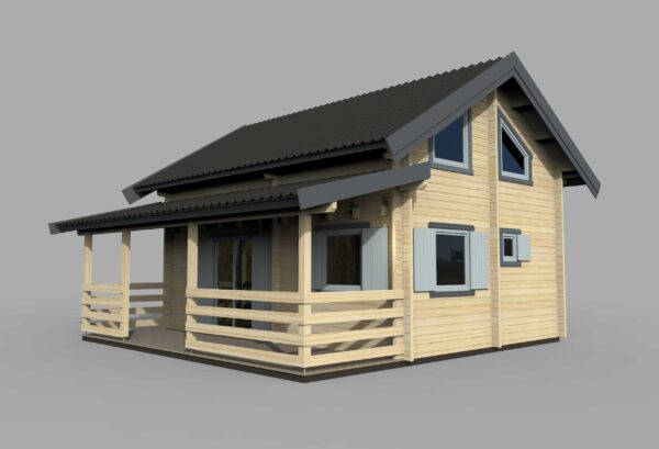 Drewniany dom z czarnym dachem.