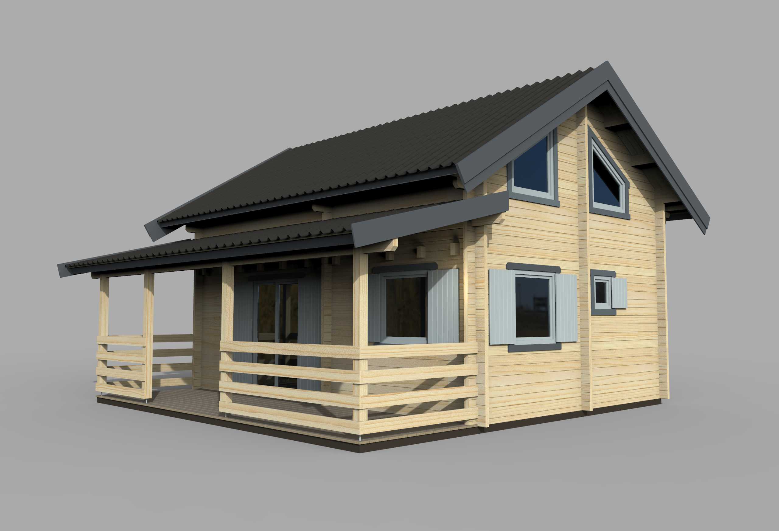 Drewniany dom z czarnym dachem.