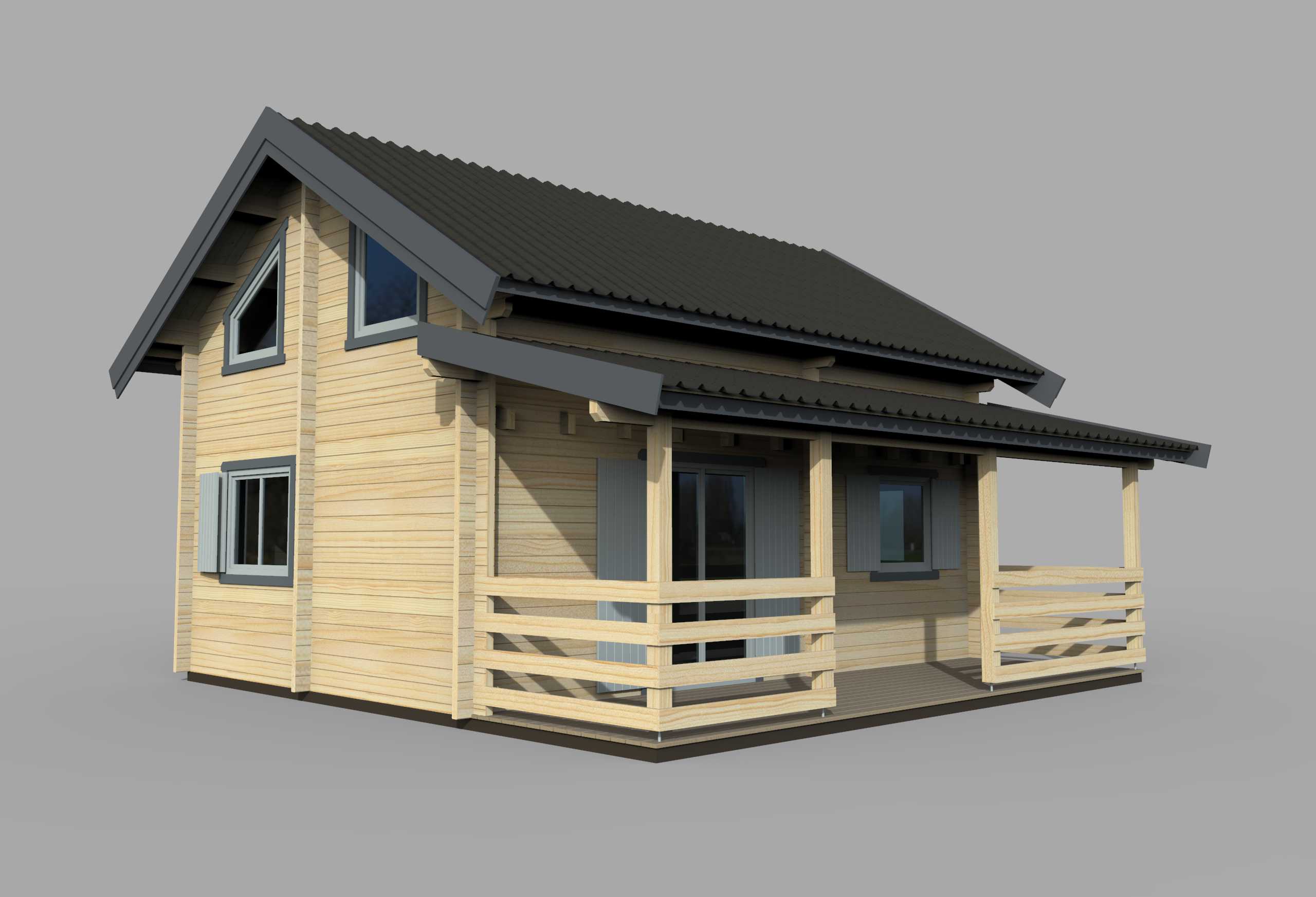 Dom drewniany z werandą.