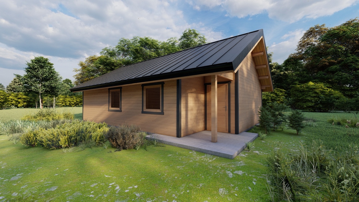 Drewniany dom z czarnym dachem.