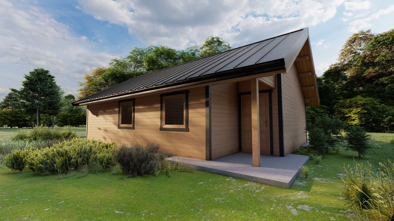 Dom drewniany w ogrodzie.