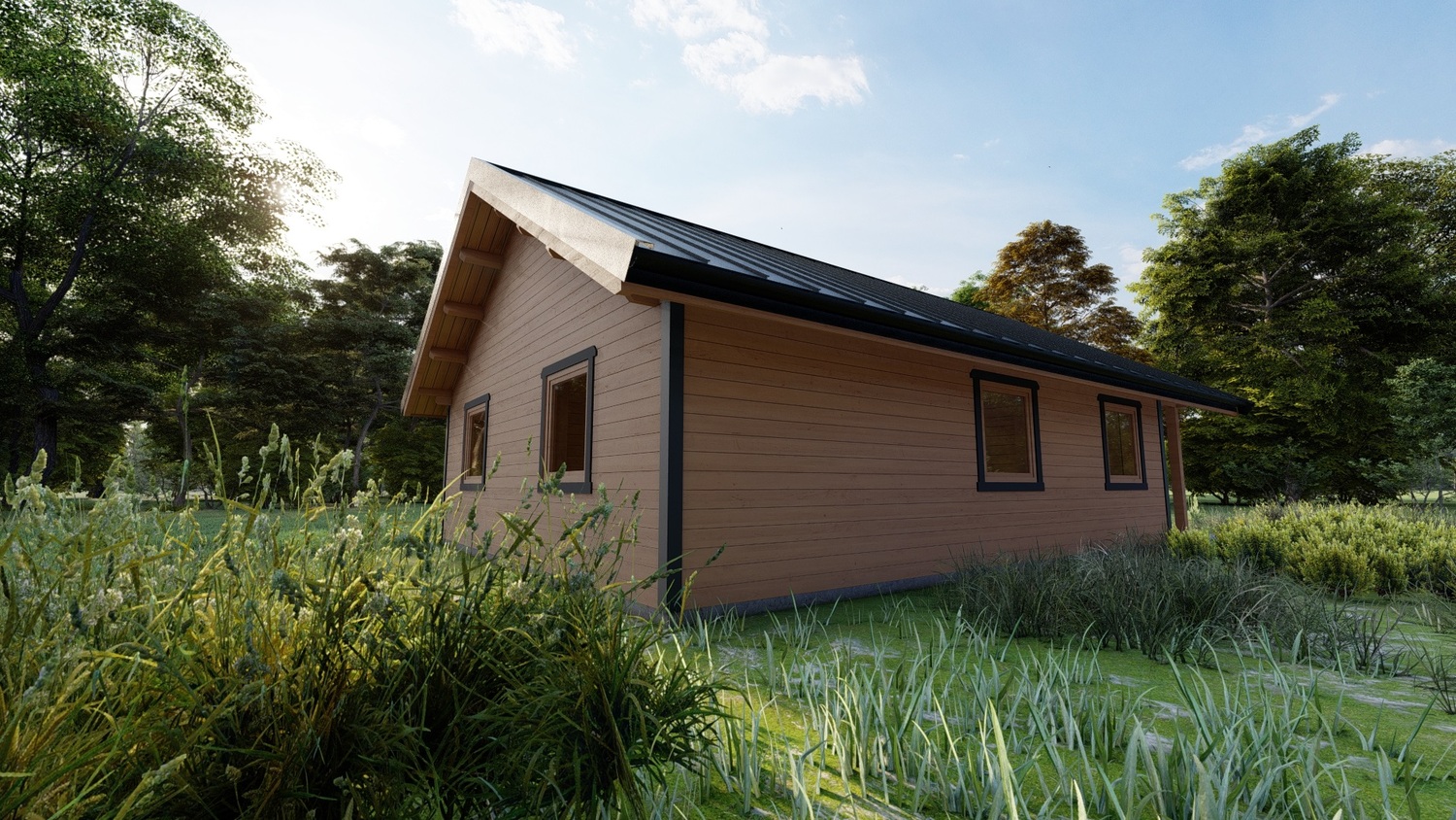 Drewniany dom na trawie.