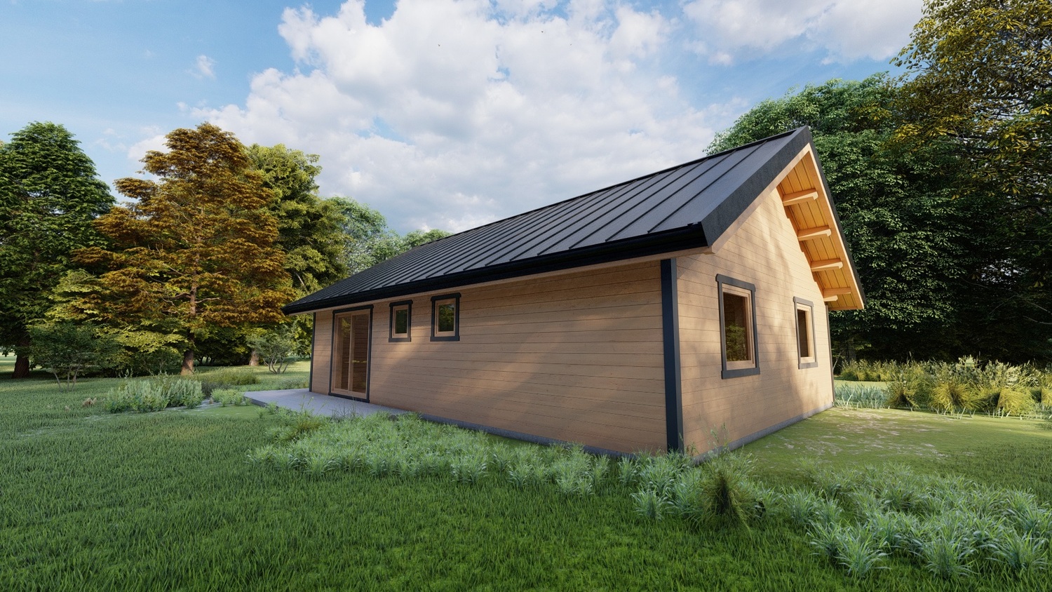 Drewniany dom z czarnym dachem.