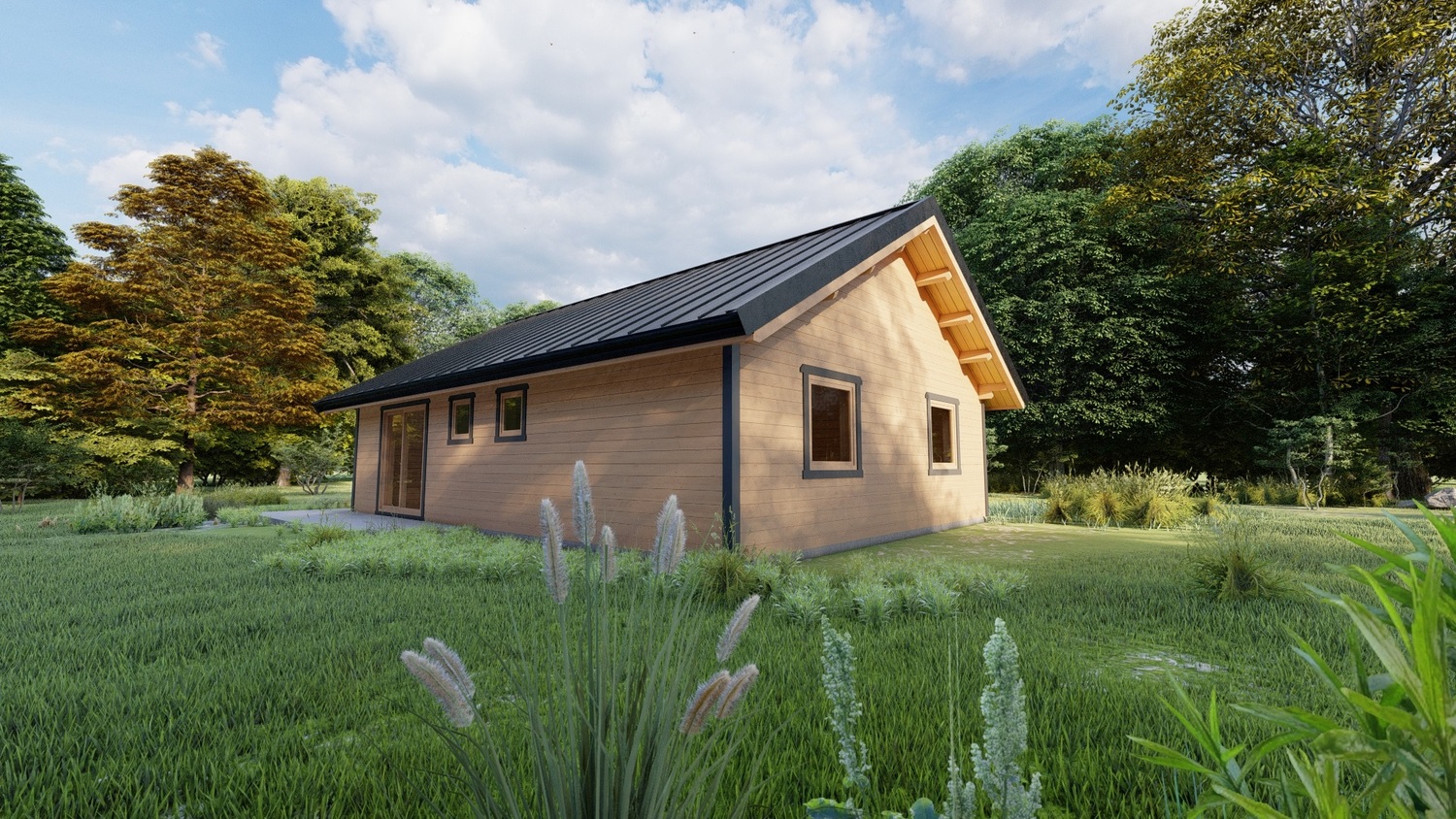 Drewniany dom w zielonym otoczeniu.