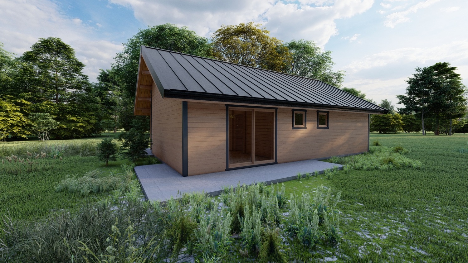 Mały dom z czarnym metalowym dachem w zielonym krajobrazie.