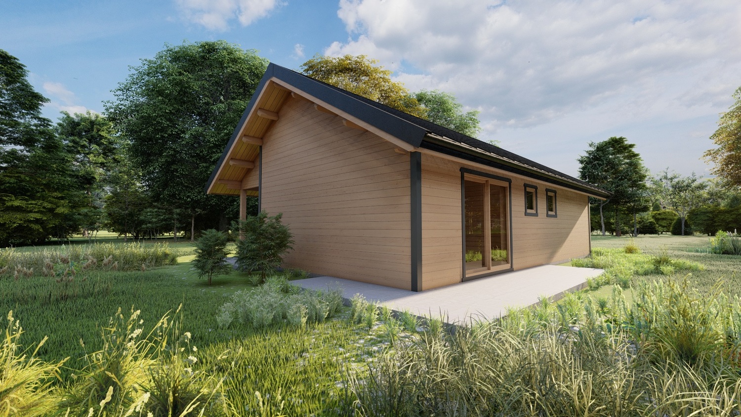 Drewniany dom na trawie.