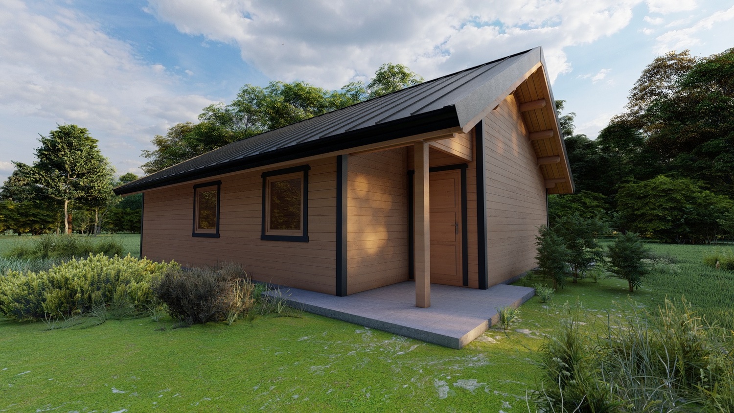 Drewniany dom na łące.
