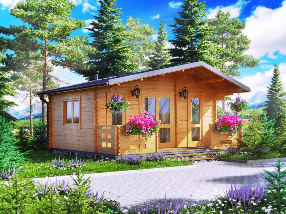 Drewniany domek wśród zieleni.