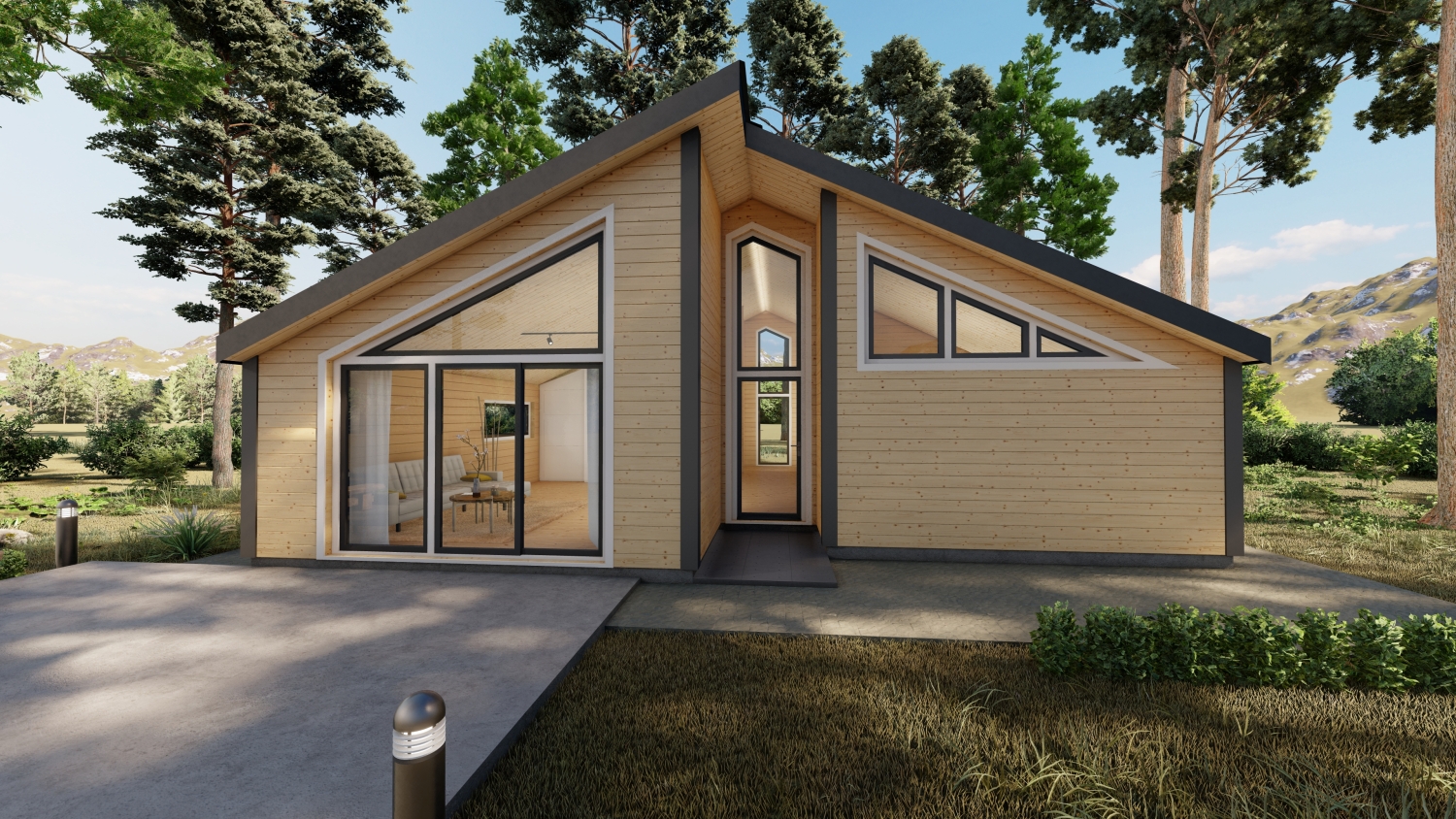 Drewniany dom na tle drzew.