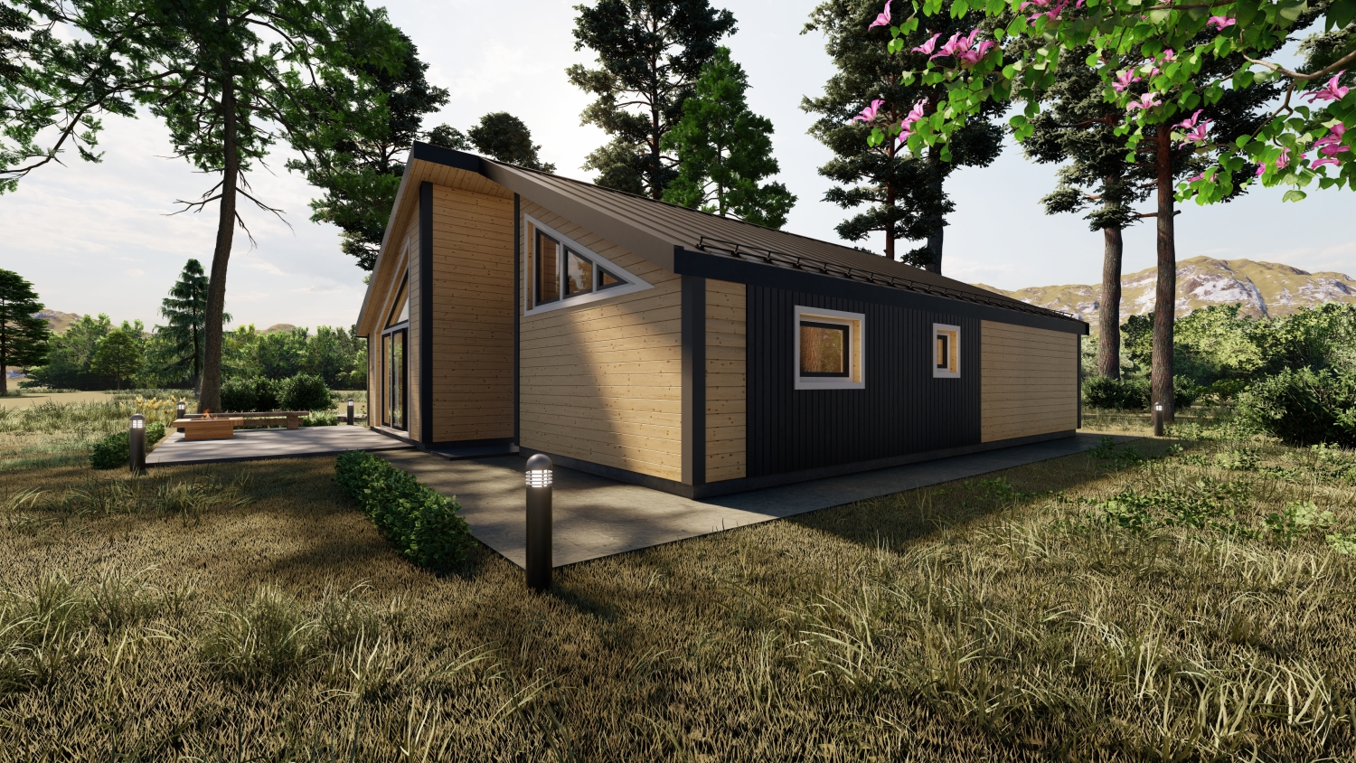 Drewniany dom w lesie.