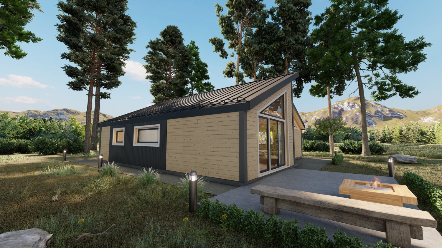 Szklany dom na łące.