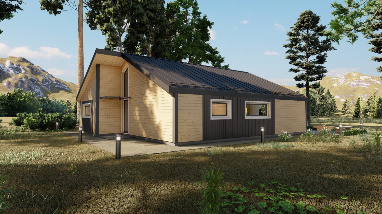 Cabin w/ metal roof w/ mountains.