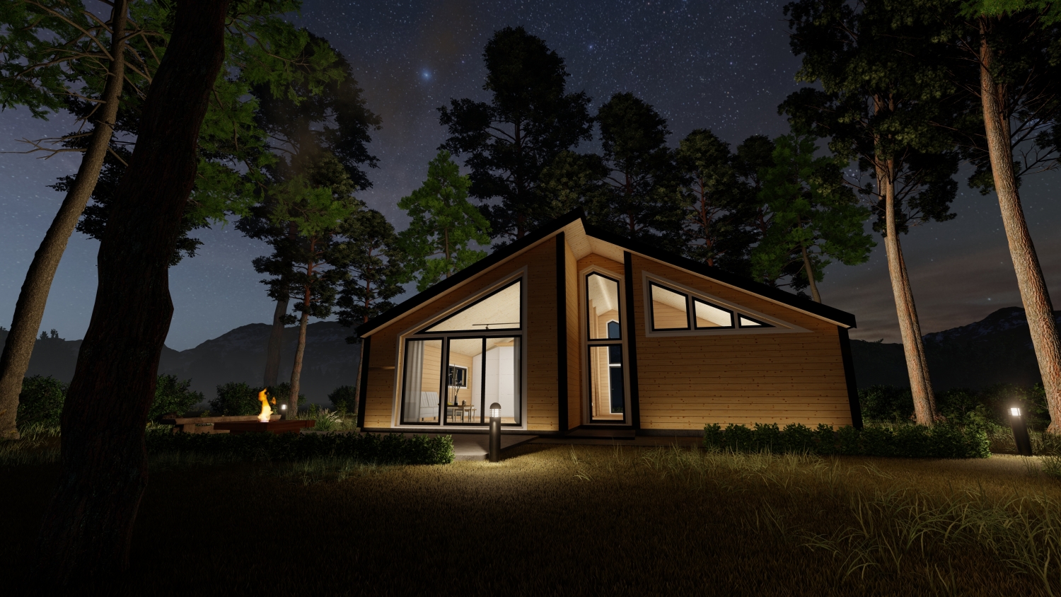 Drewniany dom na tle nocnego lasu.