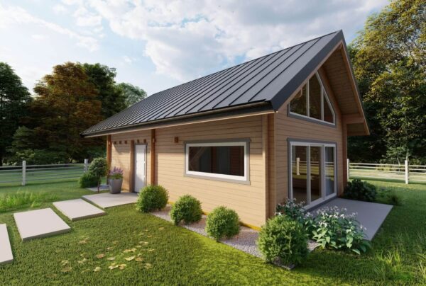 Drewniany dom z czarnym dachem, otoczony zielenią.