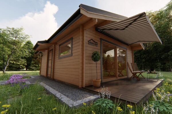 Drewniany dom z dużymi oknami i tarasem.