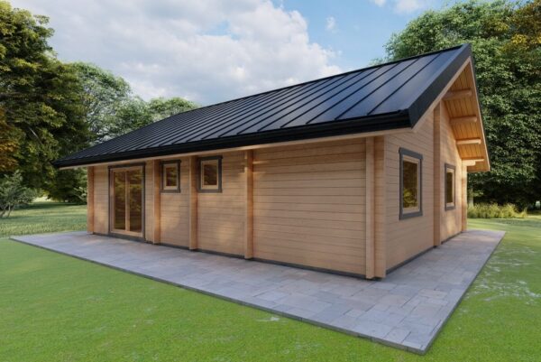 Drewniany dom z czarnym dachem na kamiennej podstawie.