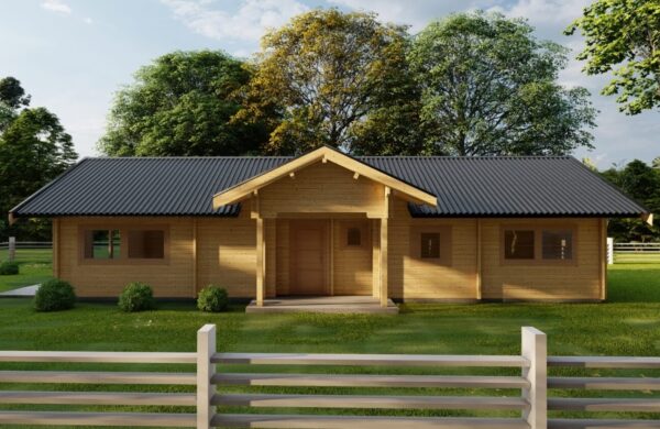 Drewniany dom w zielonym krajobrazie.