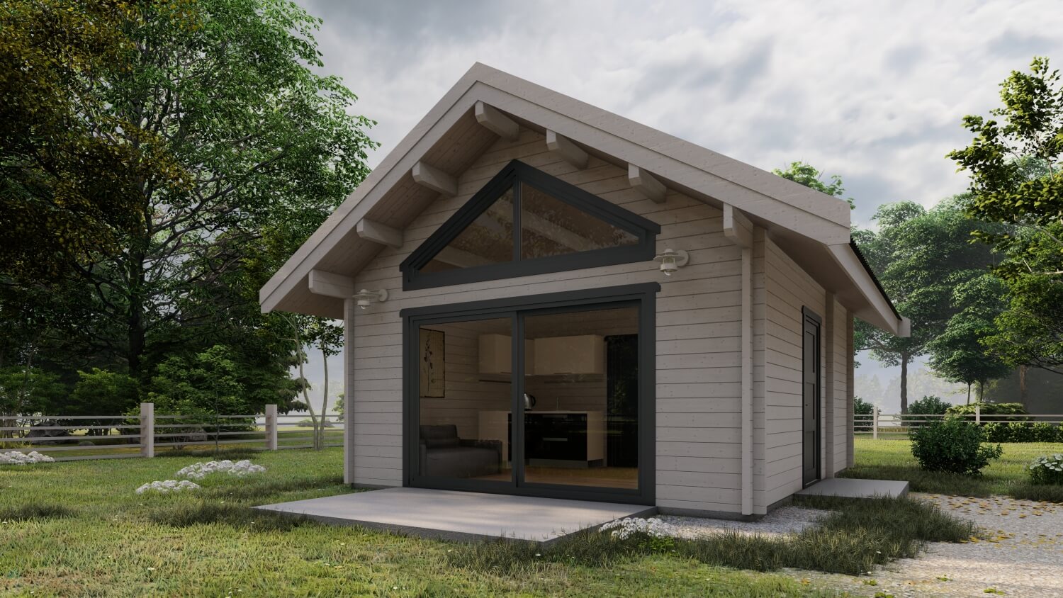 Nowoczesny dom z drewna na zielonym trawniku.