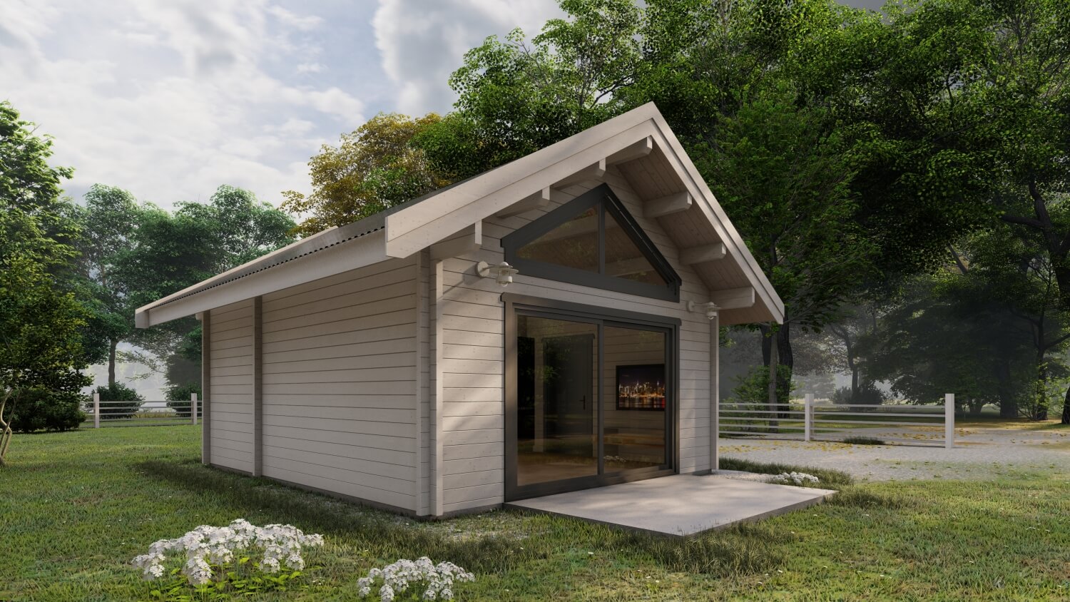 Drewniany dom w otoczeniu przyrody.