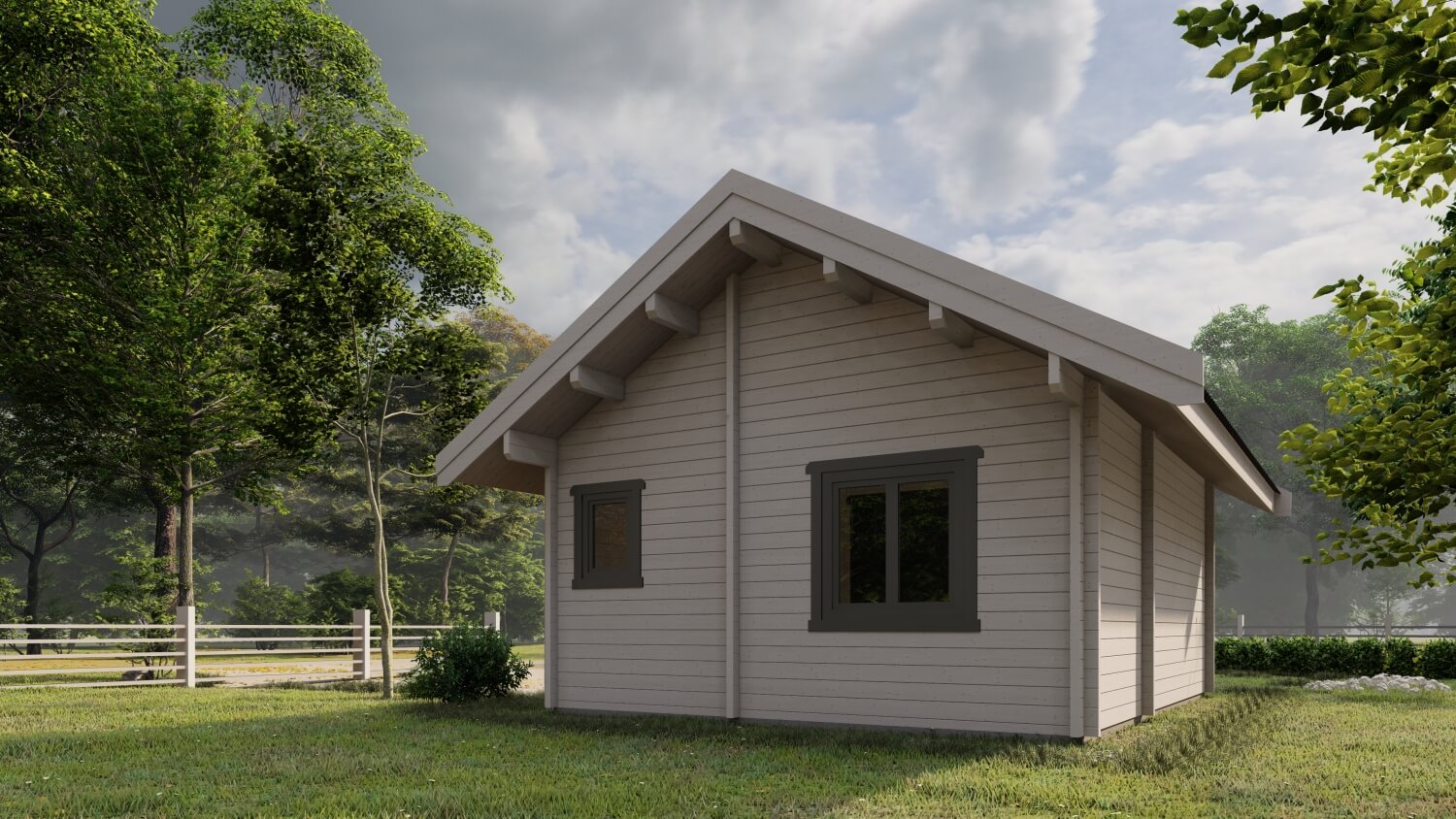 Drewniana chatka w otoczeniu zieleni.