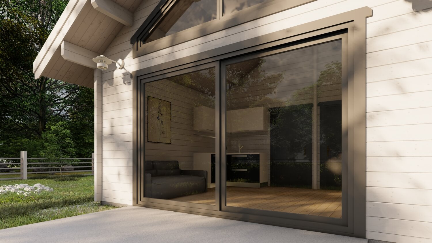 Drewniany budynek z dużymi szklnymi drzwiami.