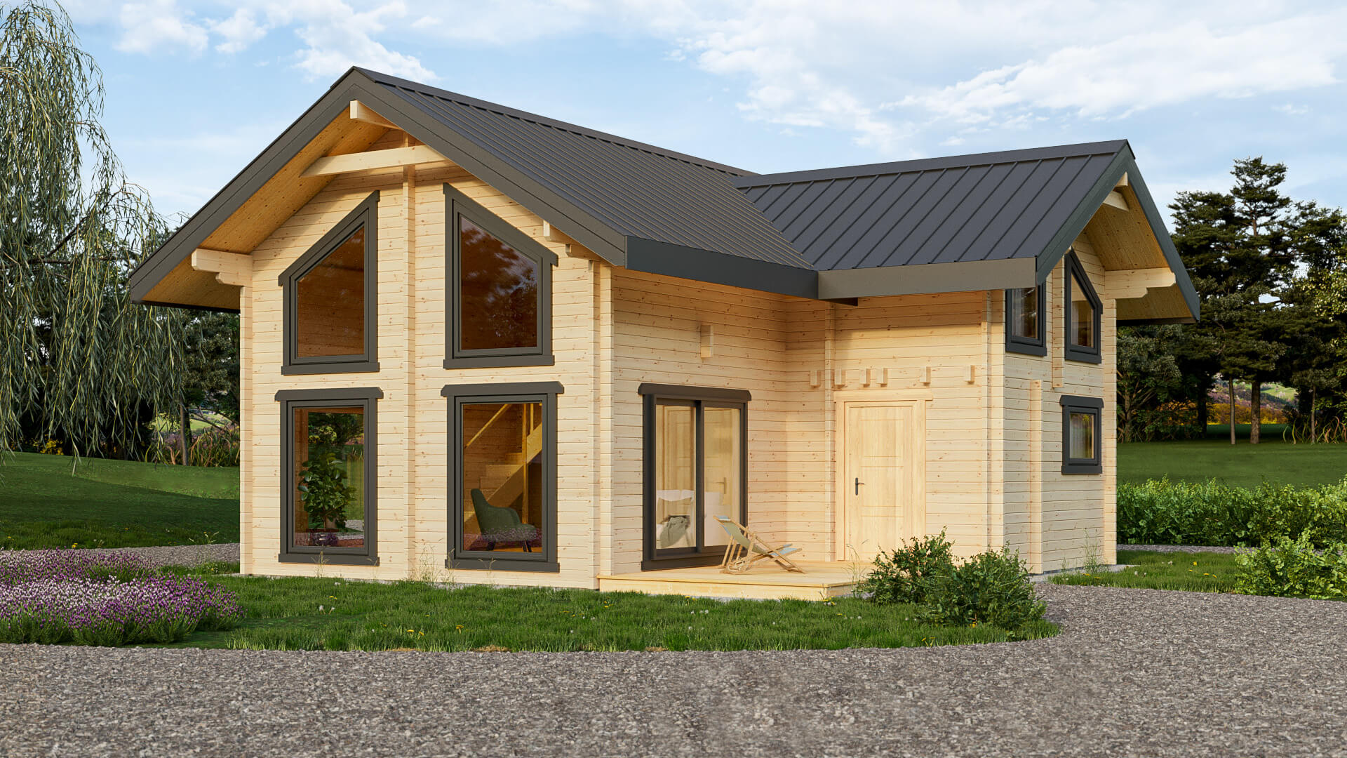 Drewniany dom z dużymi oknami.