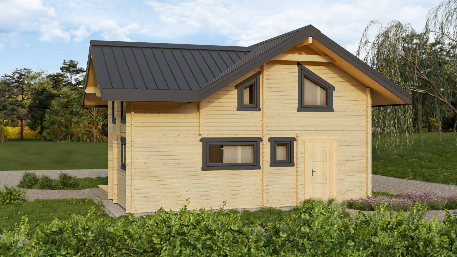 Drewniana chatka z ciemnym dachem.