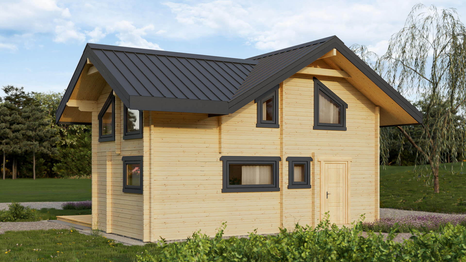 Drewniana stodoła na zielonym polu.