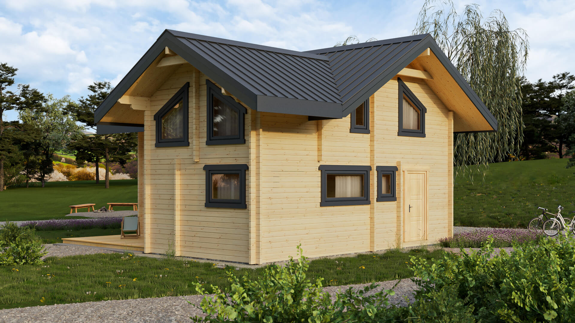 Drewniany dom z czarnym dachem.