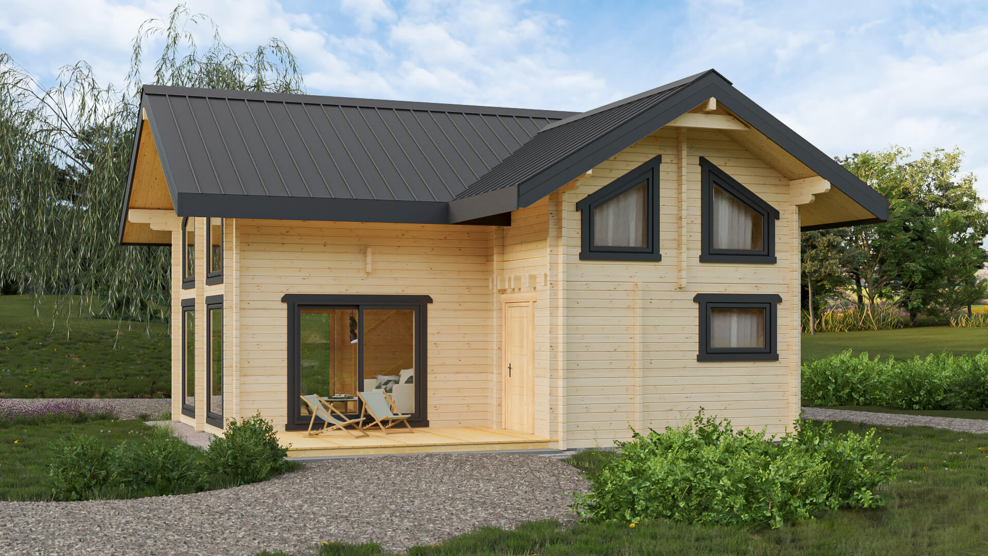 Drewniany dom z czarnym dachem.